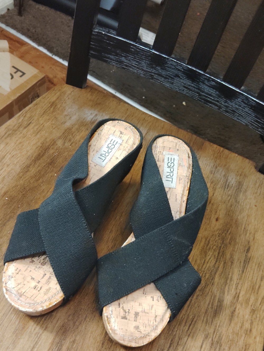 Esprit Black Crisscross Cork Wedge Mules